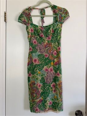 Michiko Koshino Vintage Mesh Mini Dress Dragon Floral Tropical Y2K 44